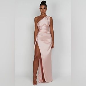 BABYBOO ONE SHOULDER SATIN MAXI DRESS. BRAND NEW WITH TAGS. COLOR - BLUSH